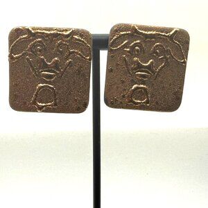 Vintage Abstract Cow Face Square Stud Earrings | Brutalist Artisan Style | Bronz